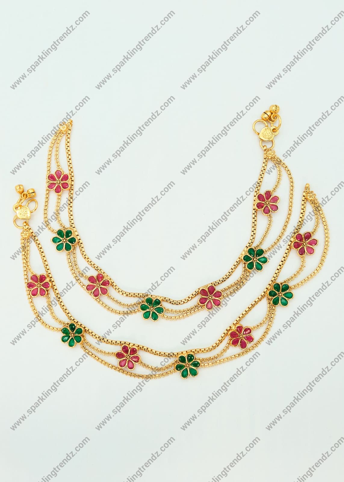 Triple Layered Chain Kundan Anklet Set Multicolor Anklets