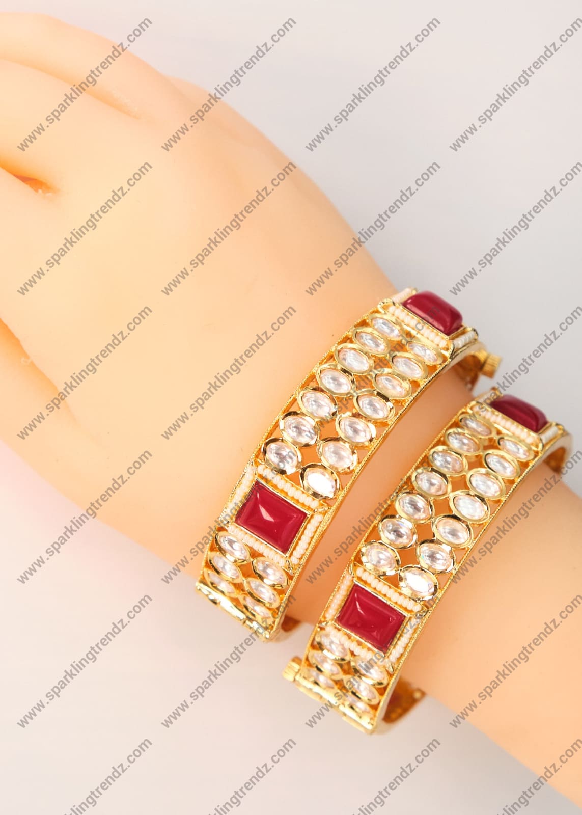 Tyaani Kundan With Maroon Stone Openable Kada - Size 2.4 Bangles