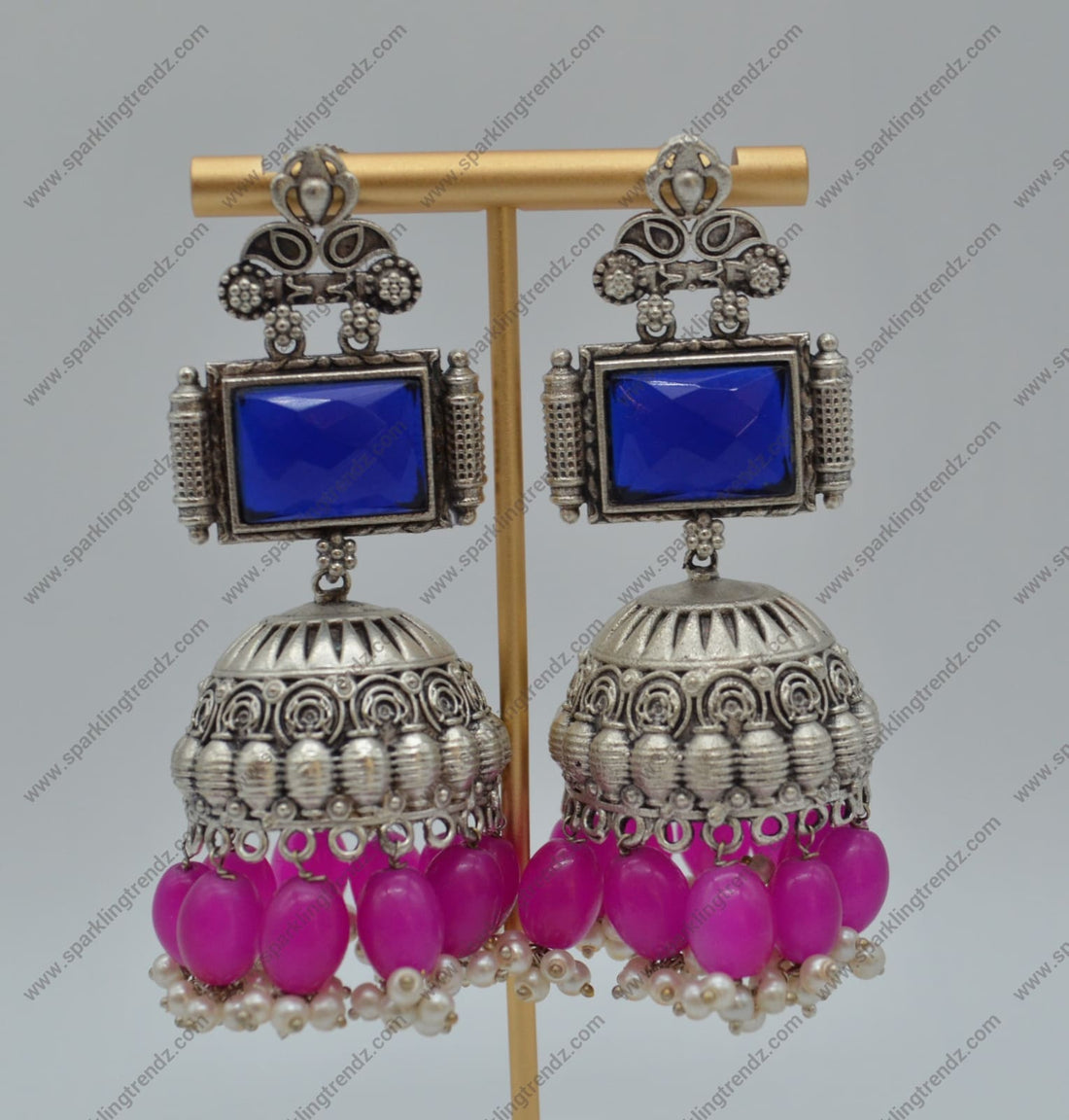 92.5 Silver Coated Big Jhumki Earrings Blue