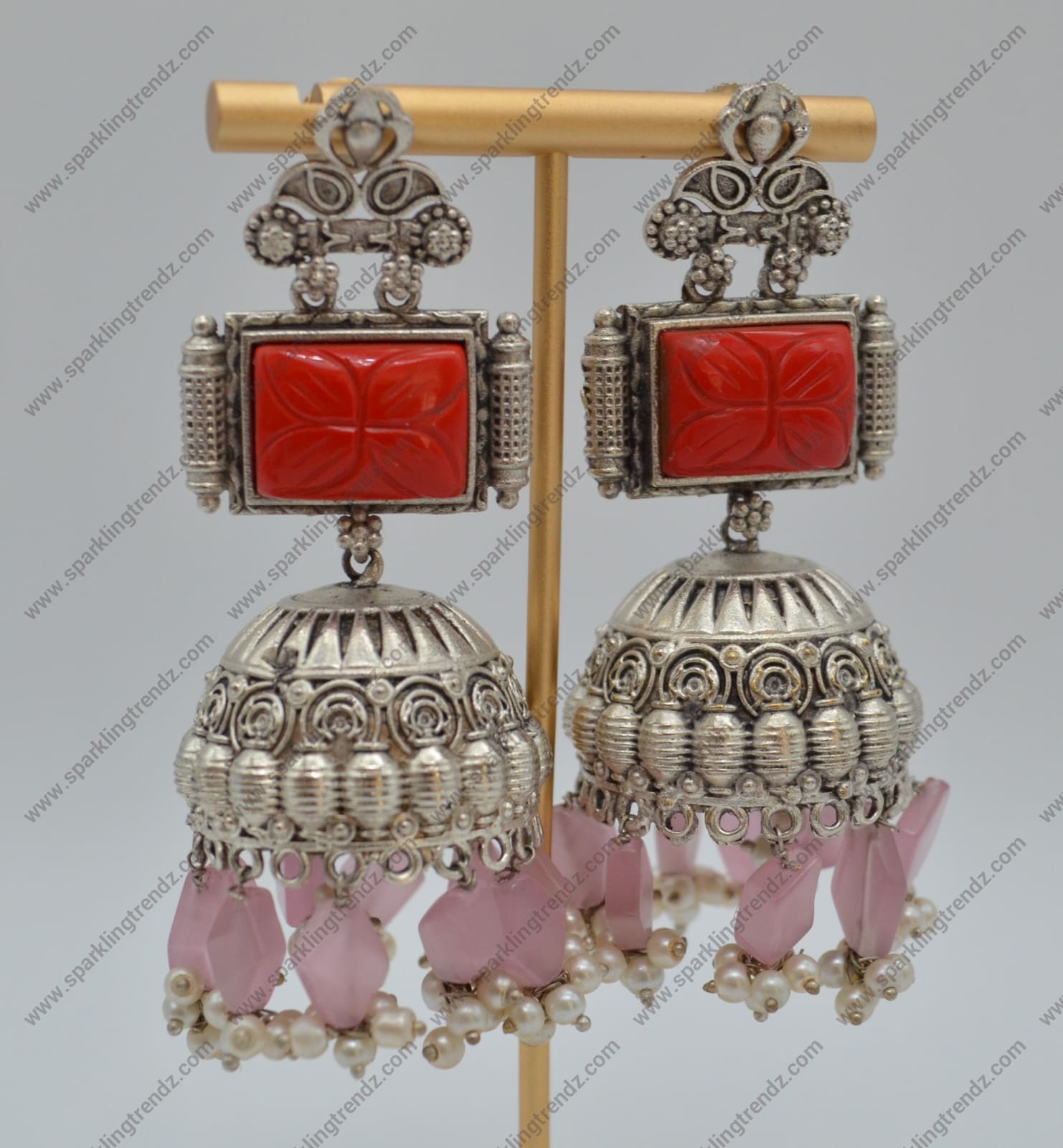 92.5 Silver Coated Big Jhumki Earrings Orange