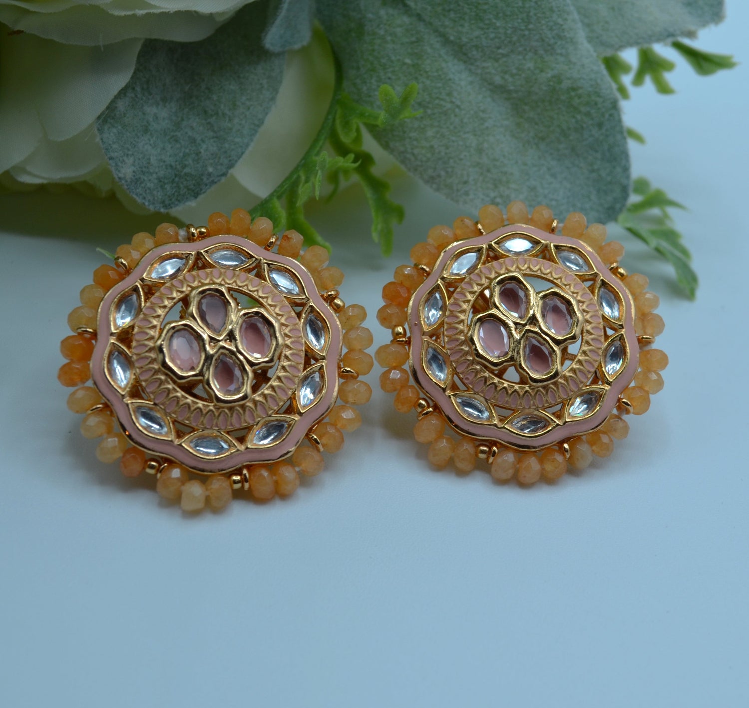 Meenakari Uncut Kundan Oversized Studs Peach Earrings