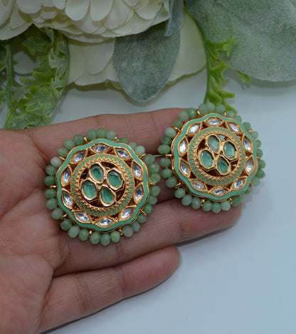 Meenakari Uncut Kundan Oversized Studs Turquoise Earrings