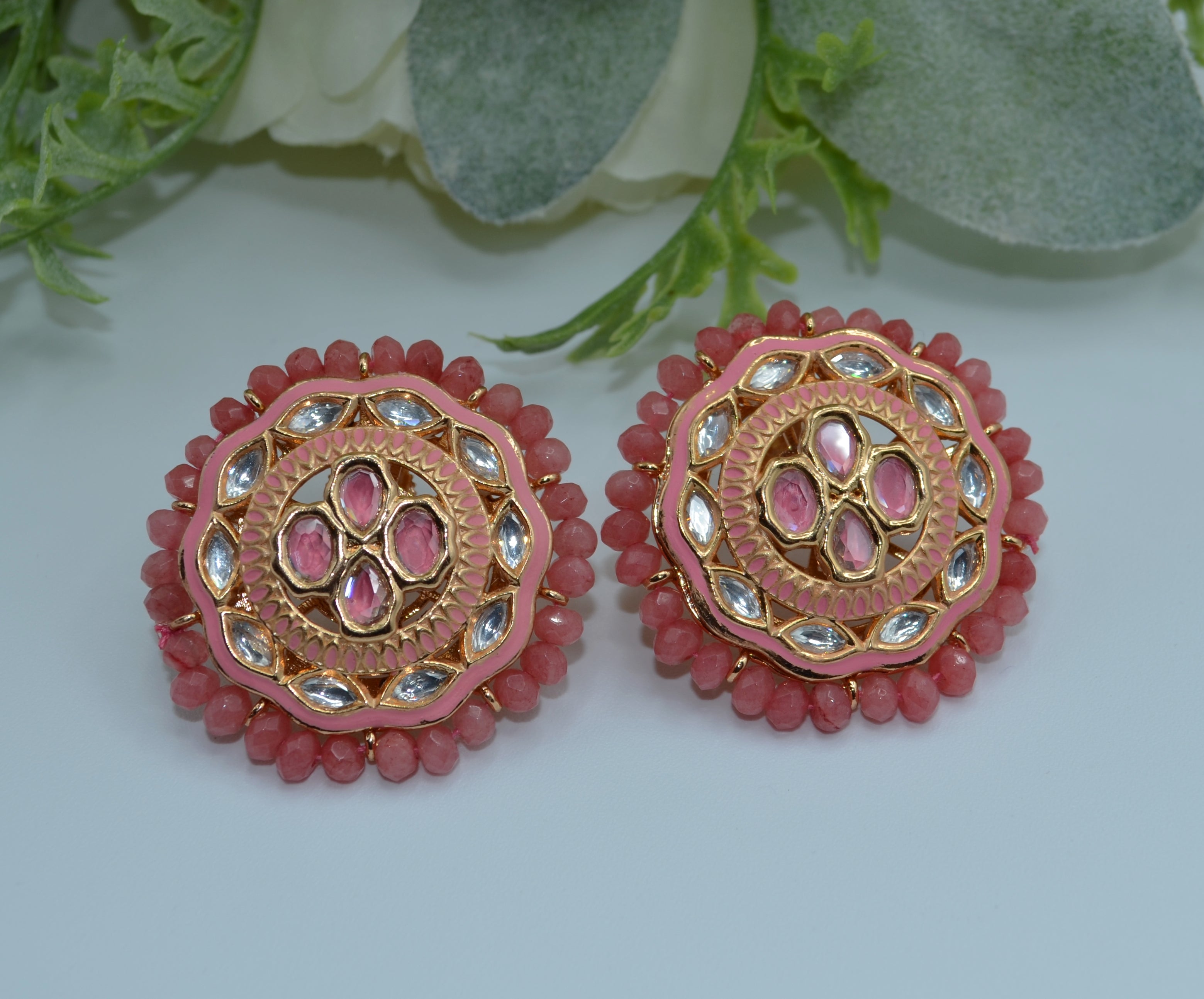 Meenakari Uncut Kundan Oversized Studs Solid Peach Earrings