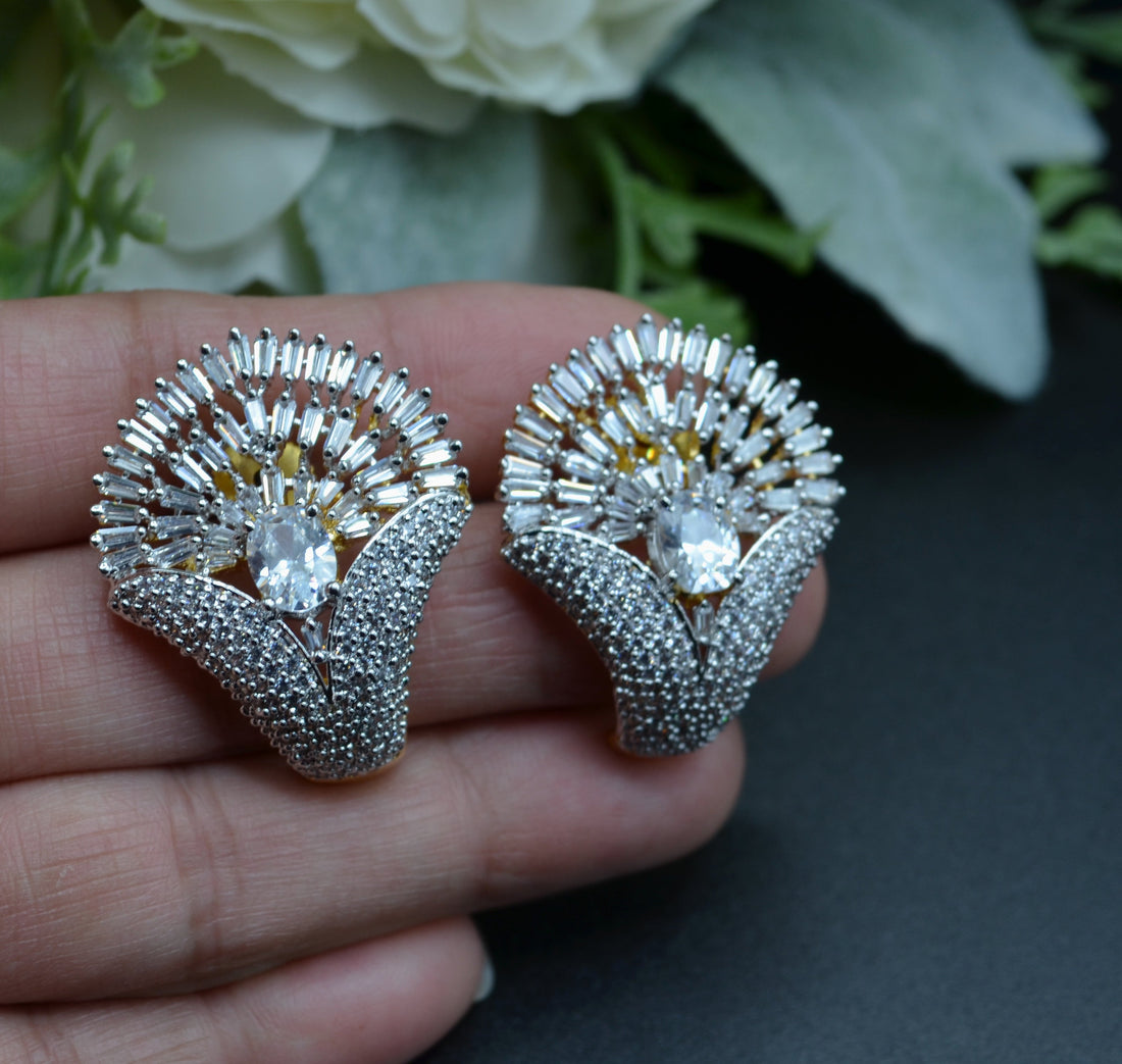 Cz Studded Studs Rhodium - White Earrings