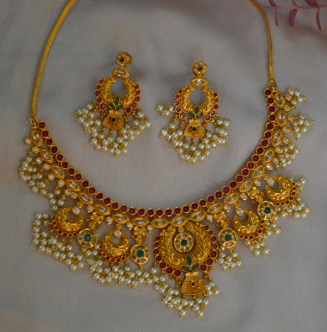 Kemp Multi Stone Chandran Pearl Hanging Nacklace Set With Chandbali Necklaces