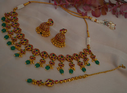 Kemp Multi Stone Leaf Shape Choker Set With Jhumki &amp; Maang Tikka Necklaces