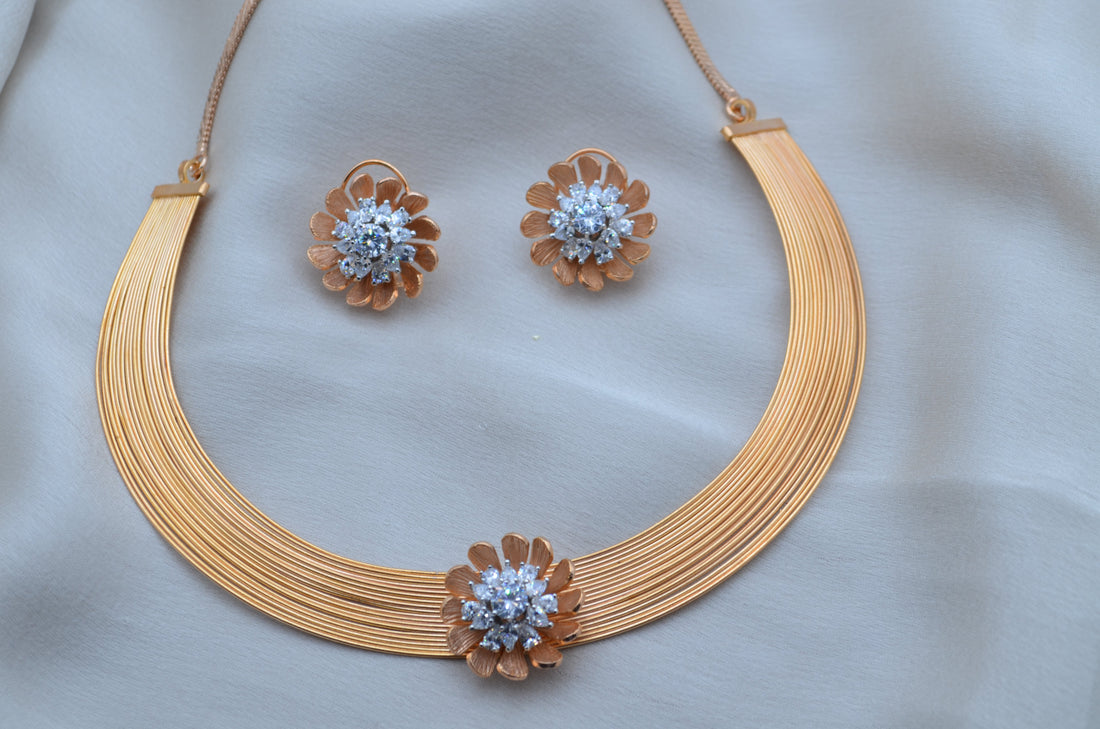 Emma 3D Flower Cz Stone Necklace Set Rose Gold Necklaces