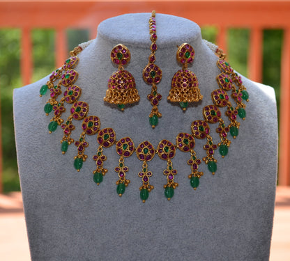 Kemp Multi Stone Leaf Shape Choker Set With Jhumki &amp; Maang Tikka Necklaces