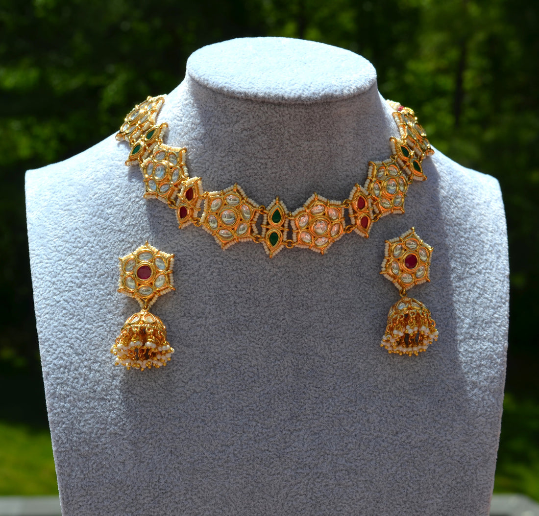 Curvy Flower Tyaani Kundan Pearl Beaded Jhumki Earring Choker Set Necklaces