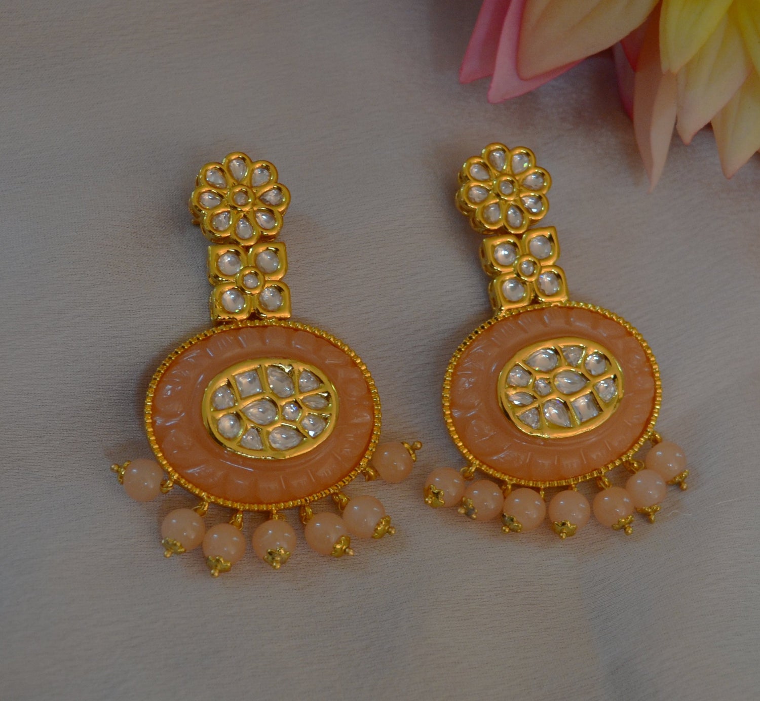 Rabia Amrapali Inspired Carved Stone Uncut Kundan Earrings