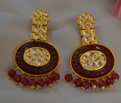 Rabia Amrapali Inspired Carved Stone Uncut Kundan Earrings Maroon