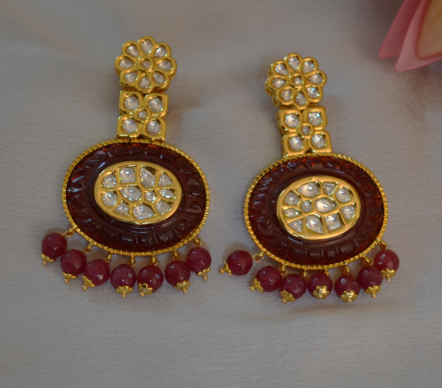 Rabia Amrapali Inspired Carved Stone Uncut Kundan Earrings