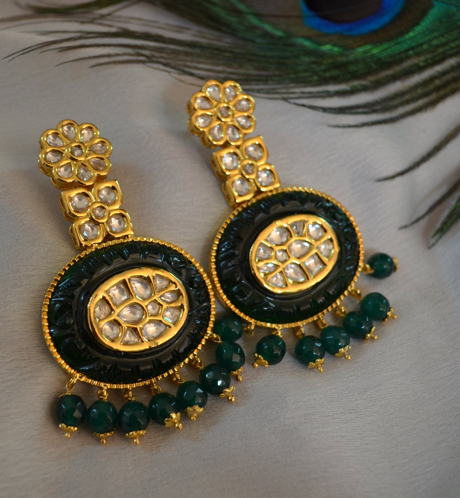 Rabia Amrapali Inspired Carved Stone Uncut Kundan Earrings