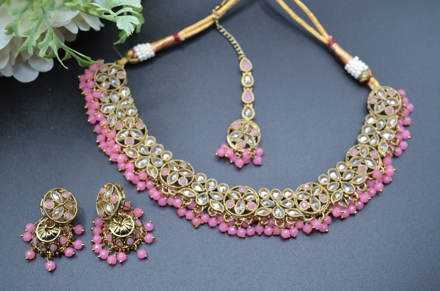 Aynoor Polki Necklace Set With Tikka Pink Necklaces