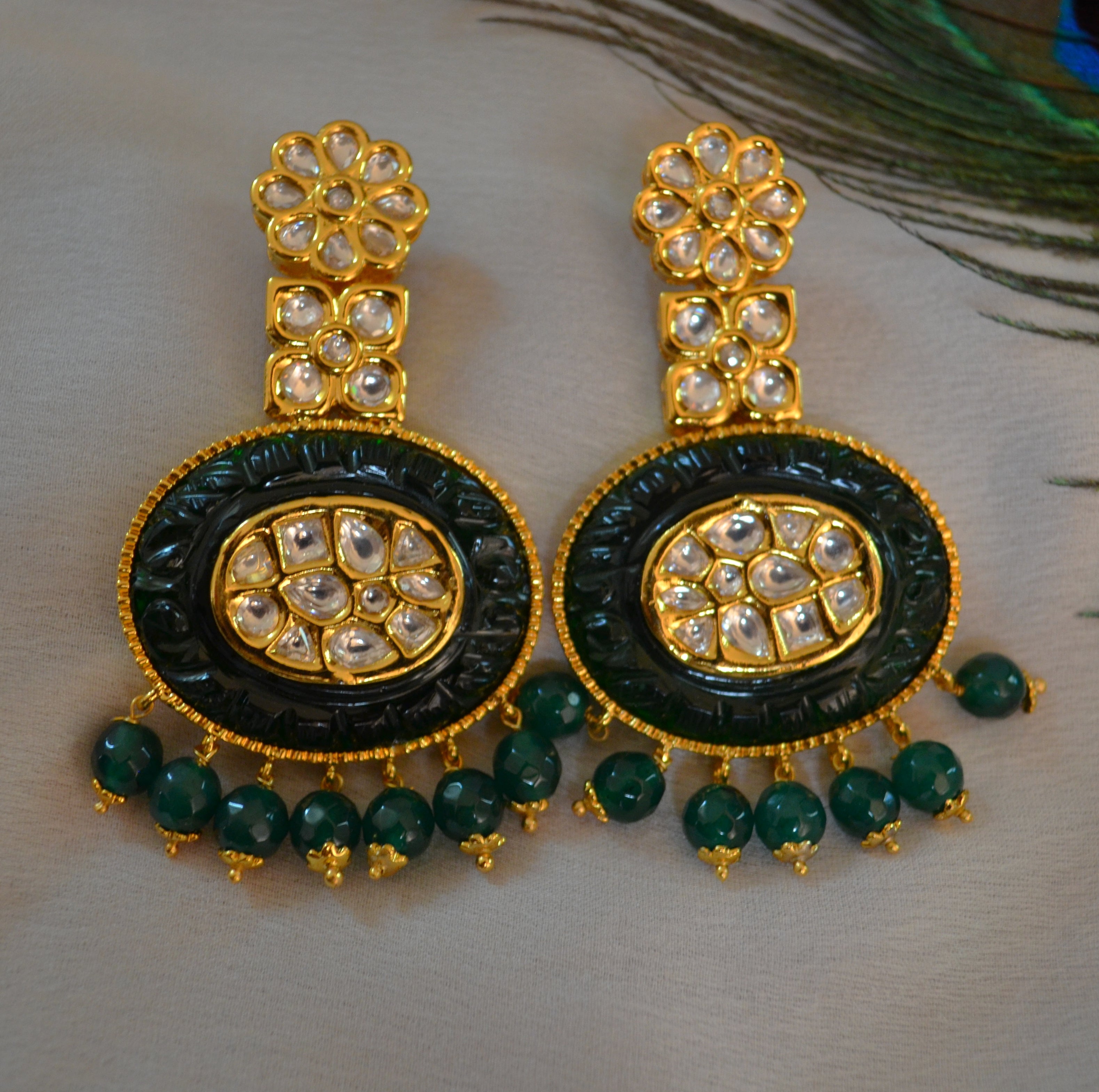 Rabia Amrapali Inspired Carved Stone Uncut Kundan Earrings