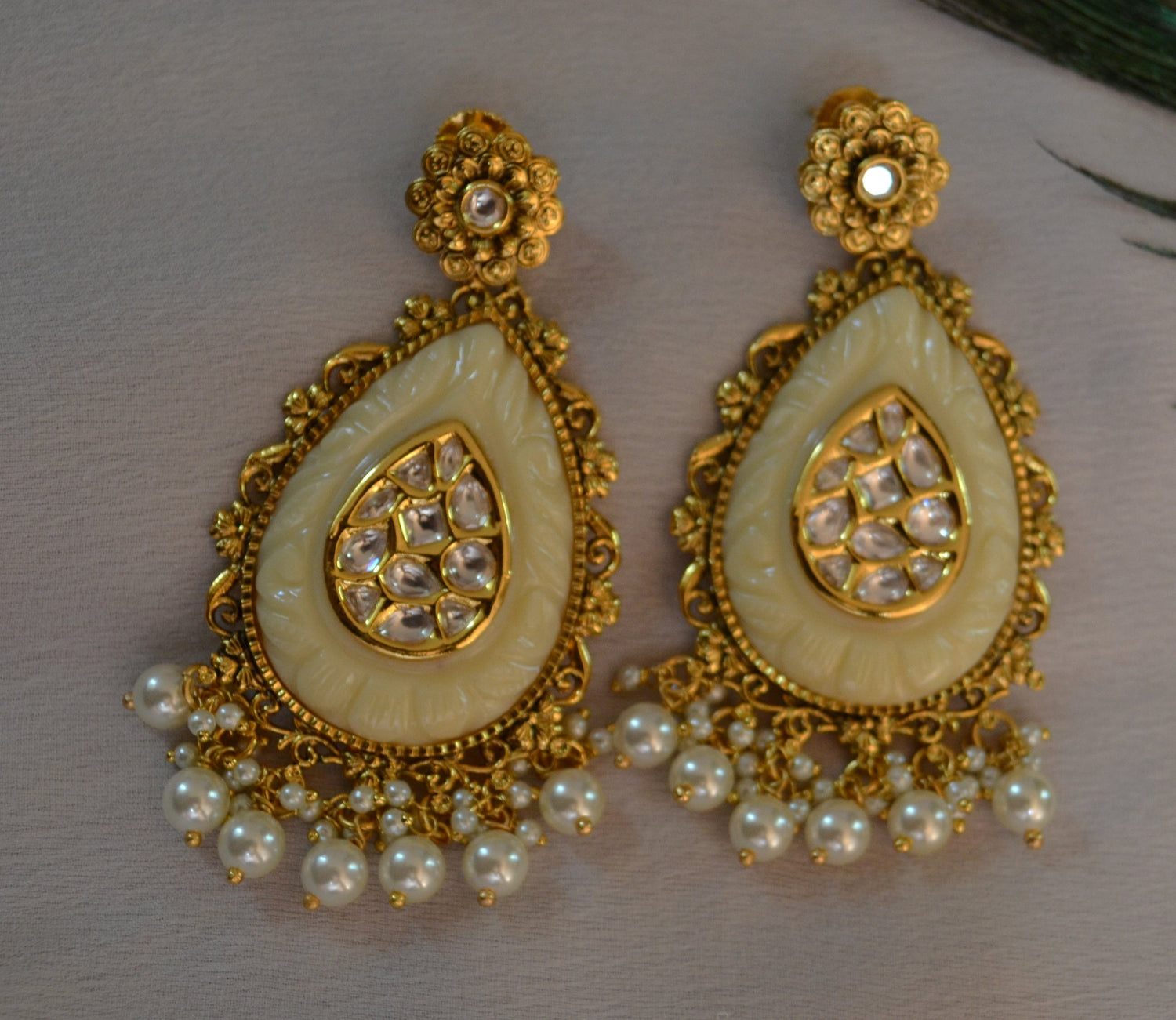 Kavee Amrapali Inspired Carved Stone Uncut Kundan Earrings