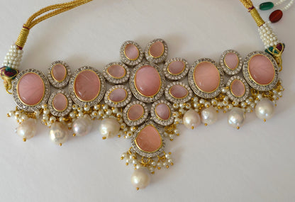 Amrapali Inspired Pink Carved Stones Pearl Choker Set Necklaces