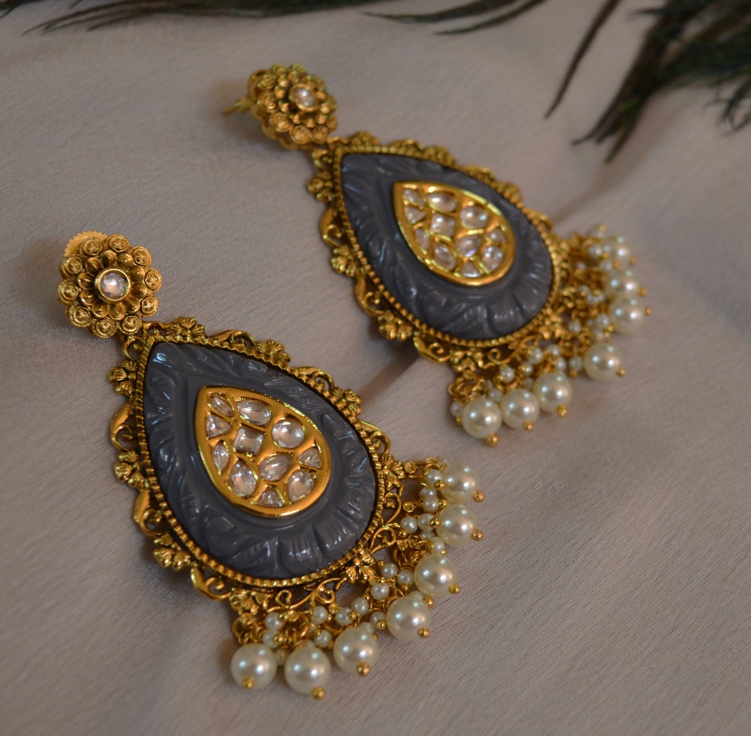 Kavee Amrapali Inspired Carved Stone Uncut Kundan Earrings