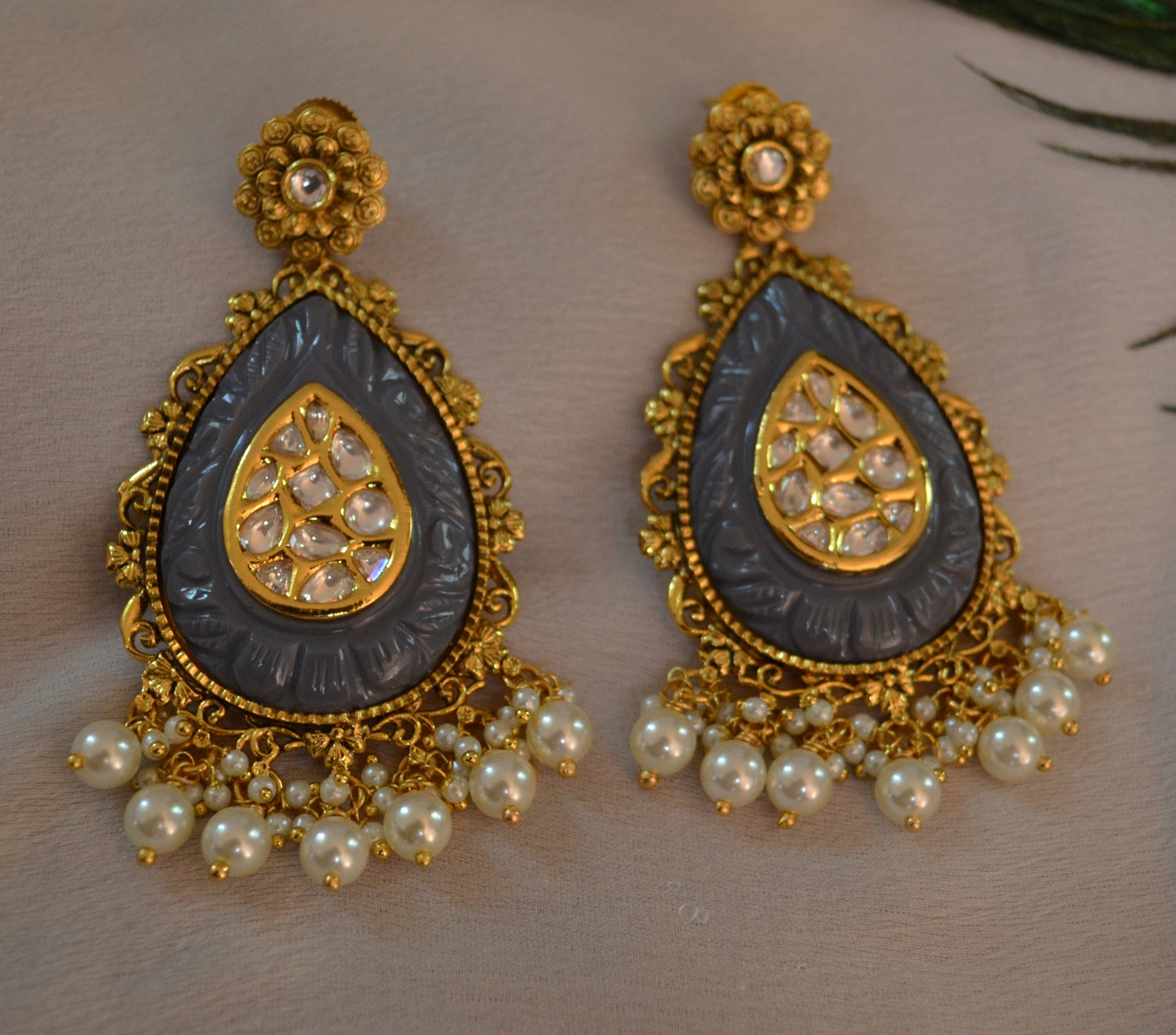 Kavee Amrapali Inspired Carved Stone Uncut Kundan Earrings