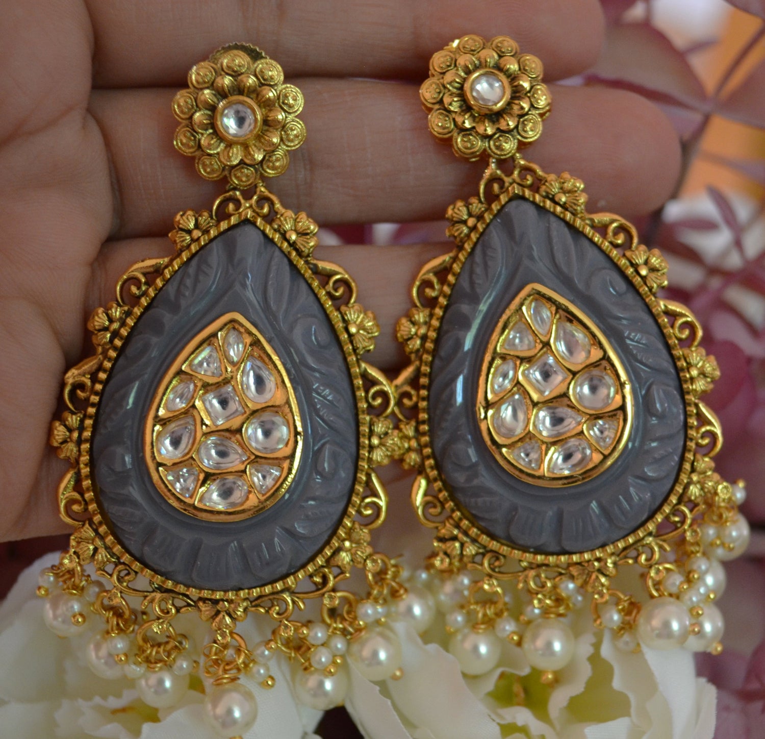 Kavee Amrapali Inspired Carved Stone Uncut Kundan Earrings Grey