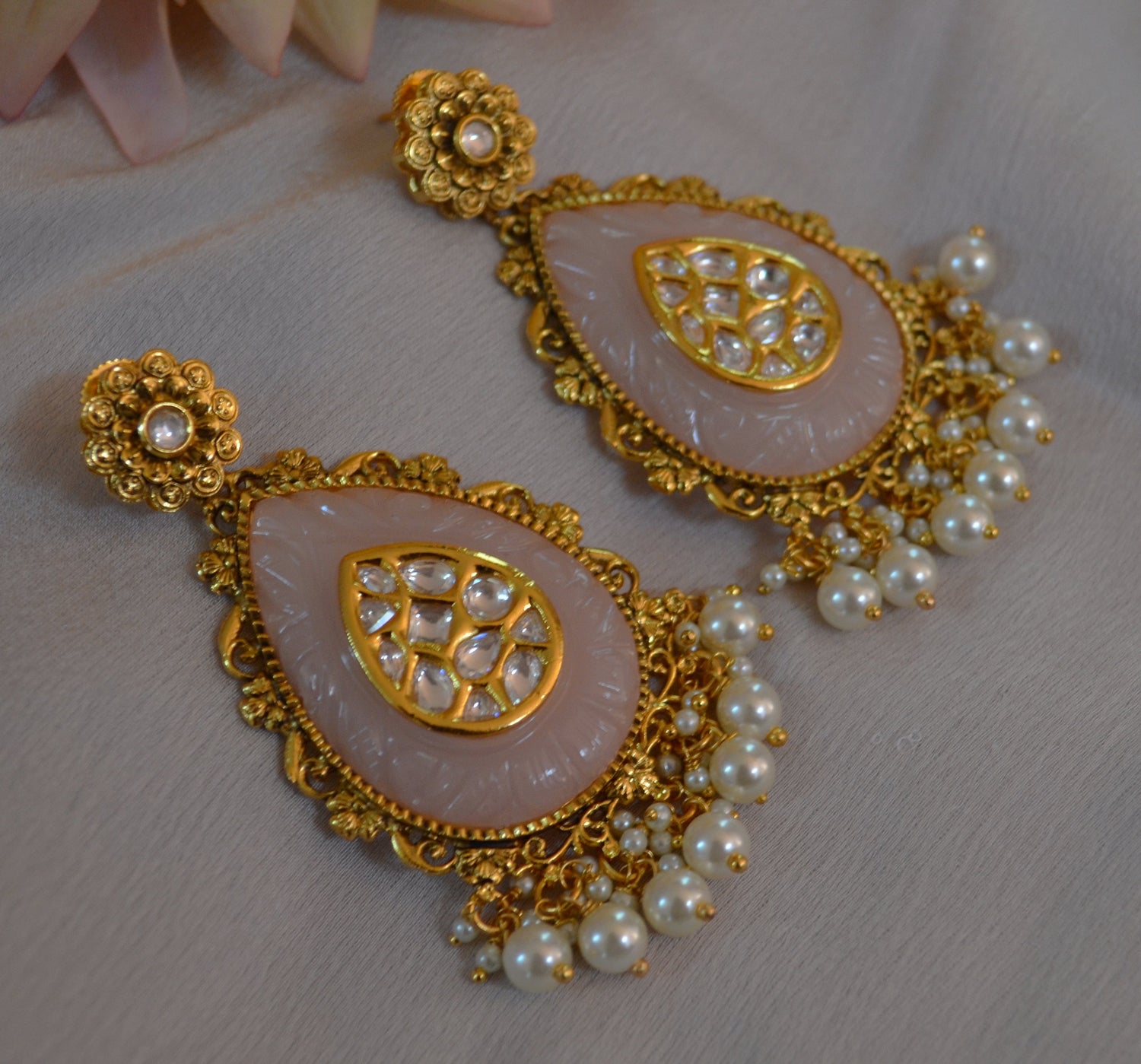 Kavee Amrapali Inspired Carved Stone Uncut Kundan Earrings