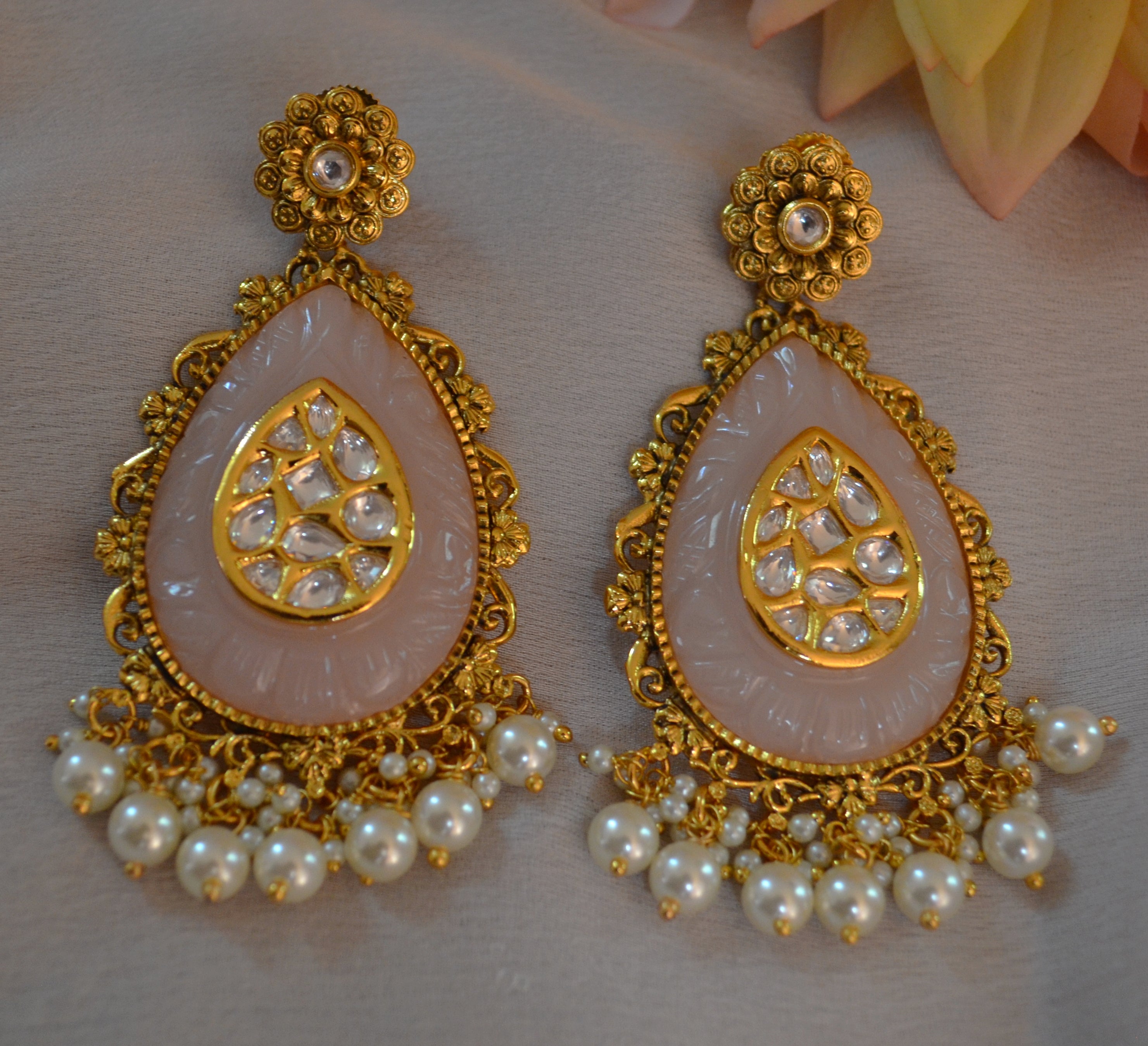 Kavee Amrapali Inspired Carved Stone Uncut Kundan Earrings