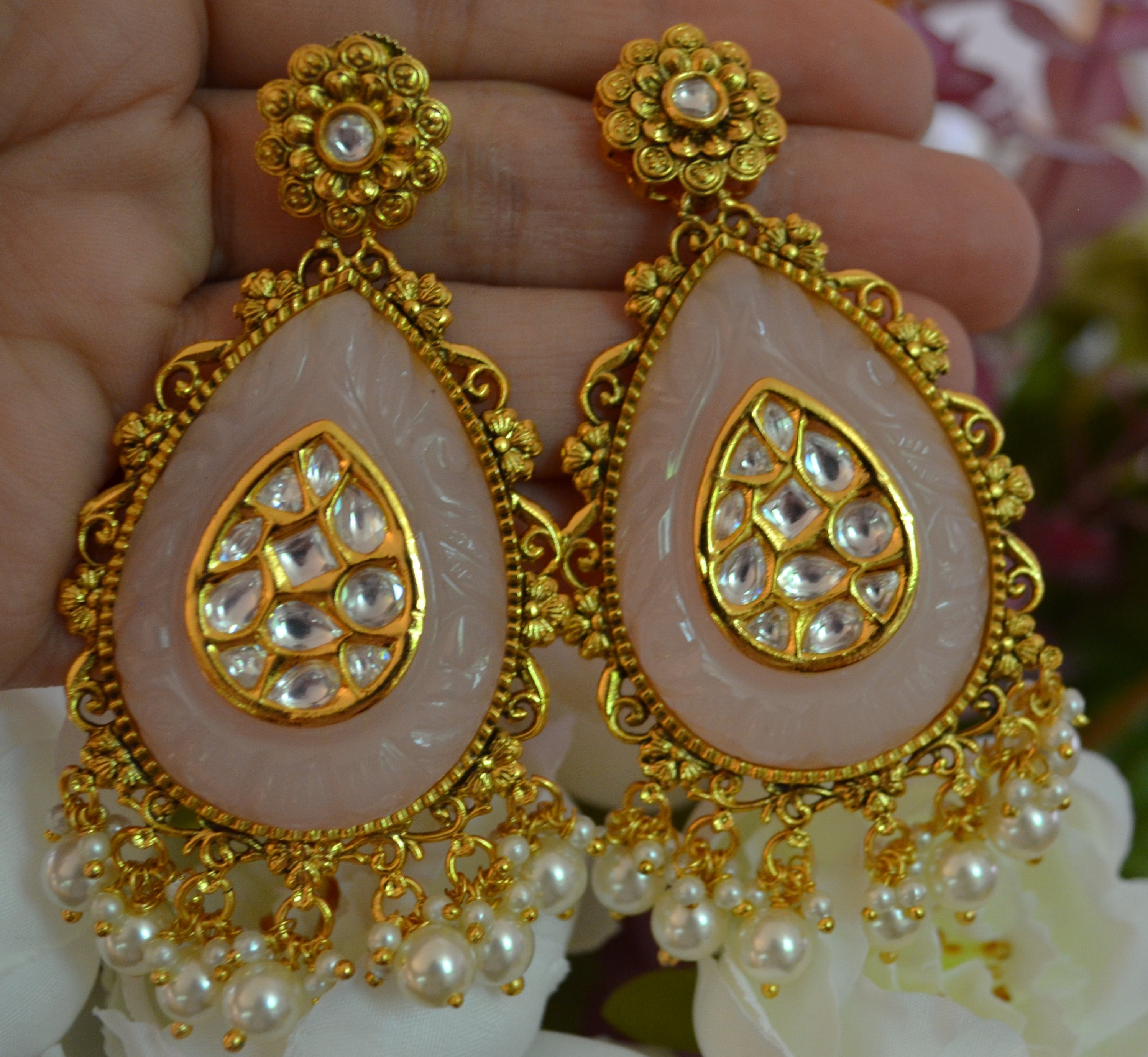 Kavee Amrapali Inspired Carved Stone Uncut Kundan Earrings Pink