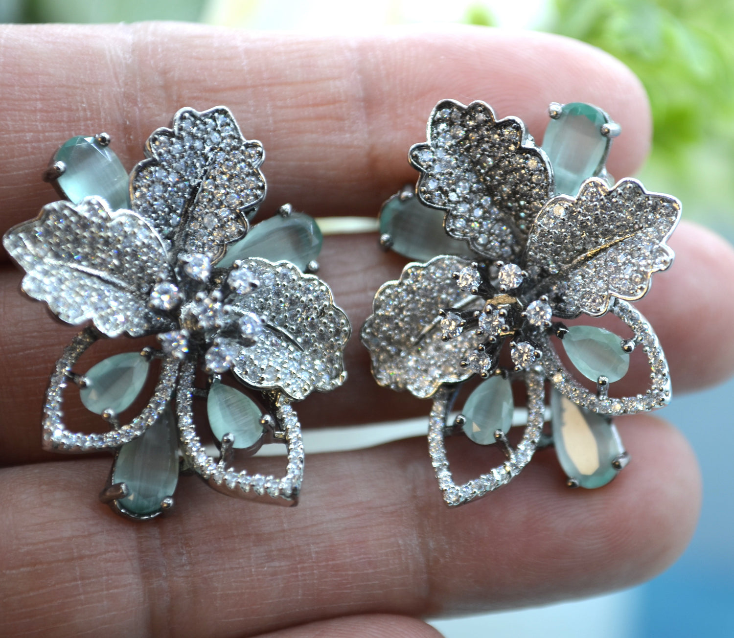 Cz 3D Flower Pave Studs Earrings