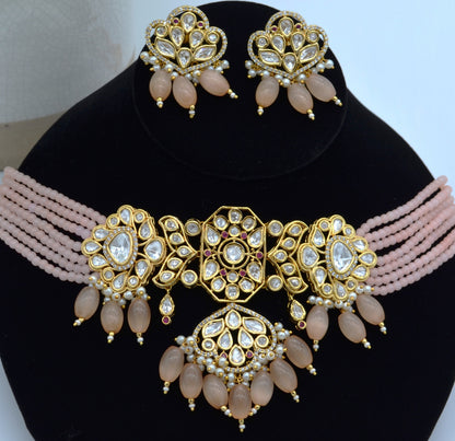 Naaz Pachi Kundan Choker Set Peach Necklaces