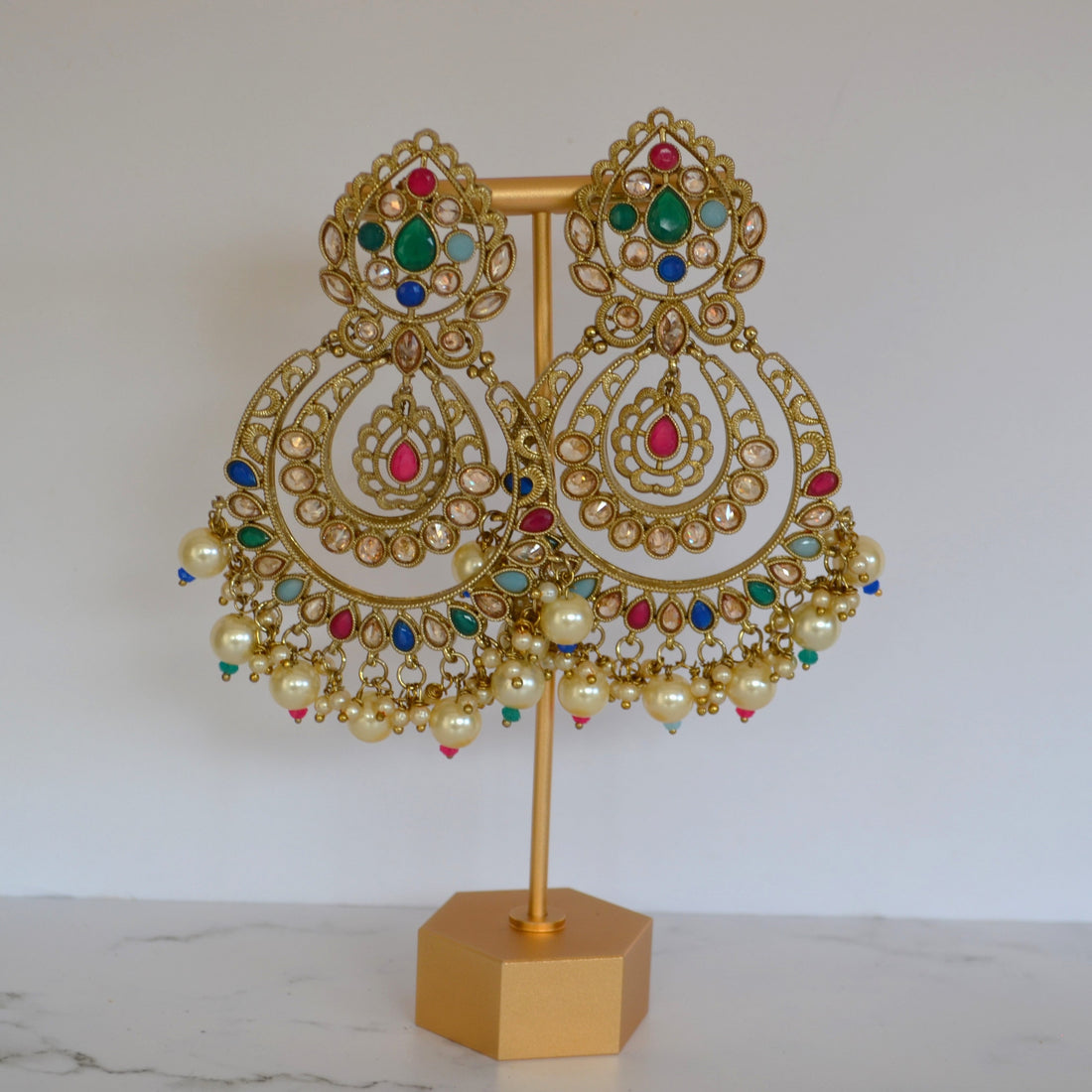 Reserve Polki Multi Color Chandbali With Pearl Tassels Style 1 Earrings