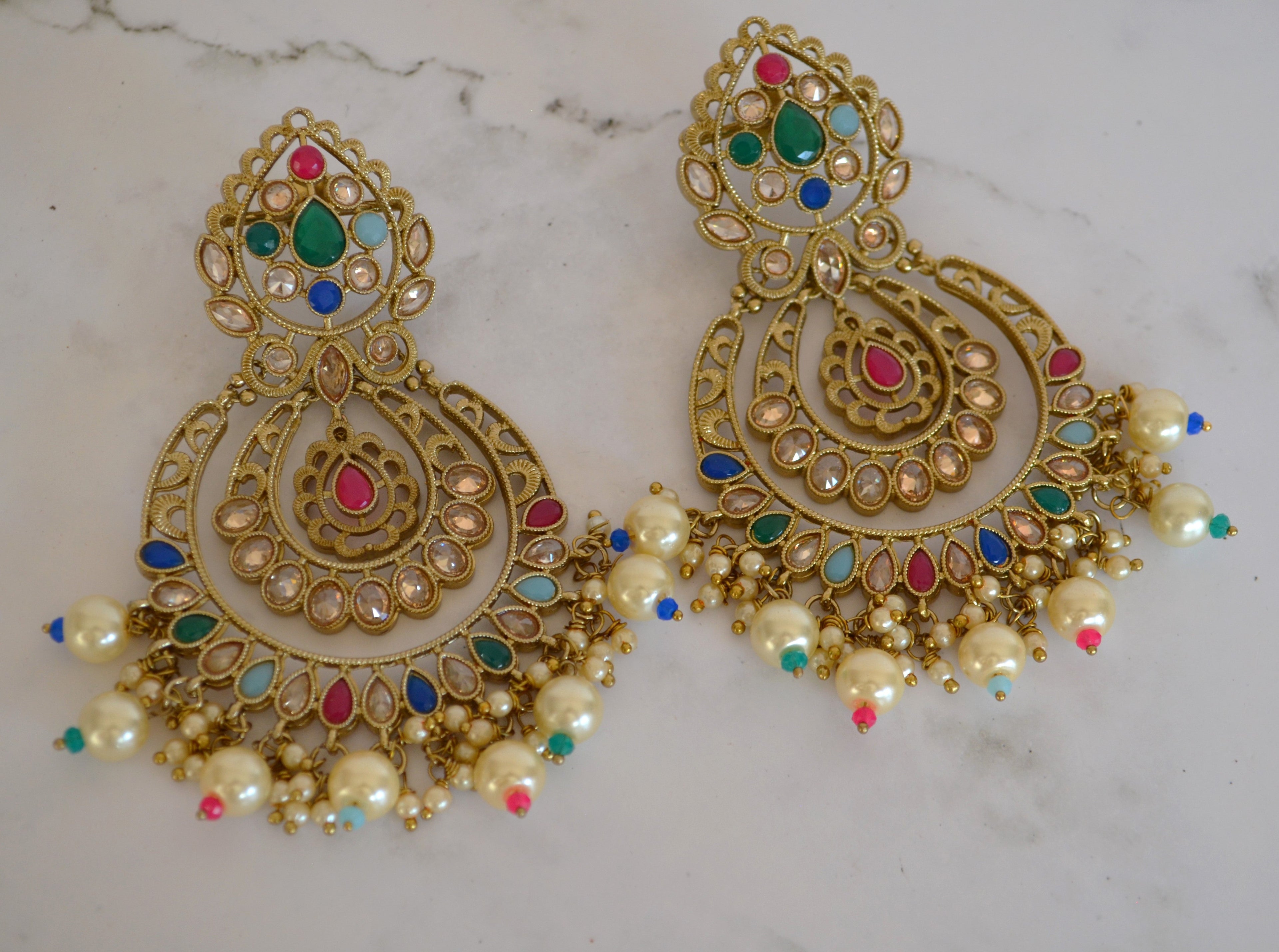 Reserve Polki Multi Color Chandbali With Pearl Tassels Earrings