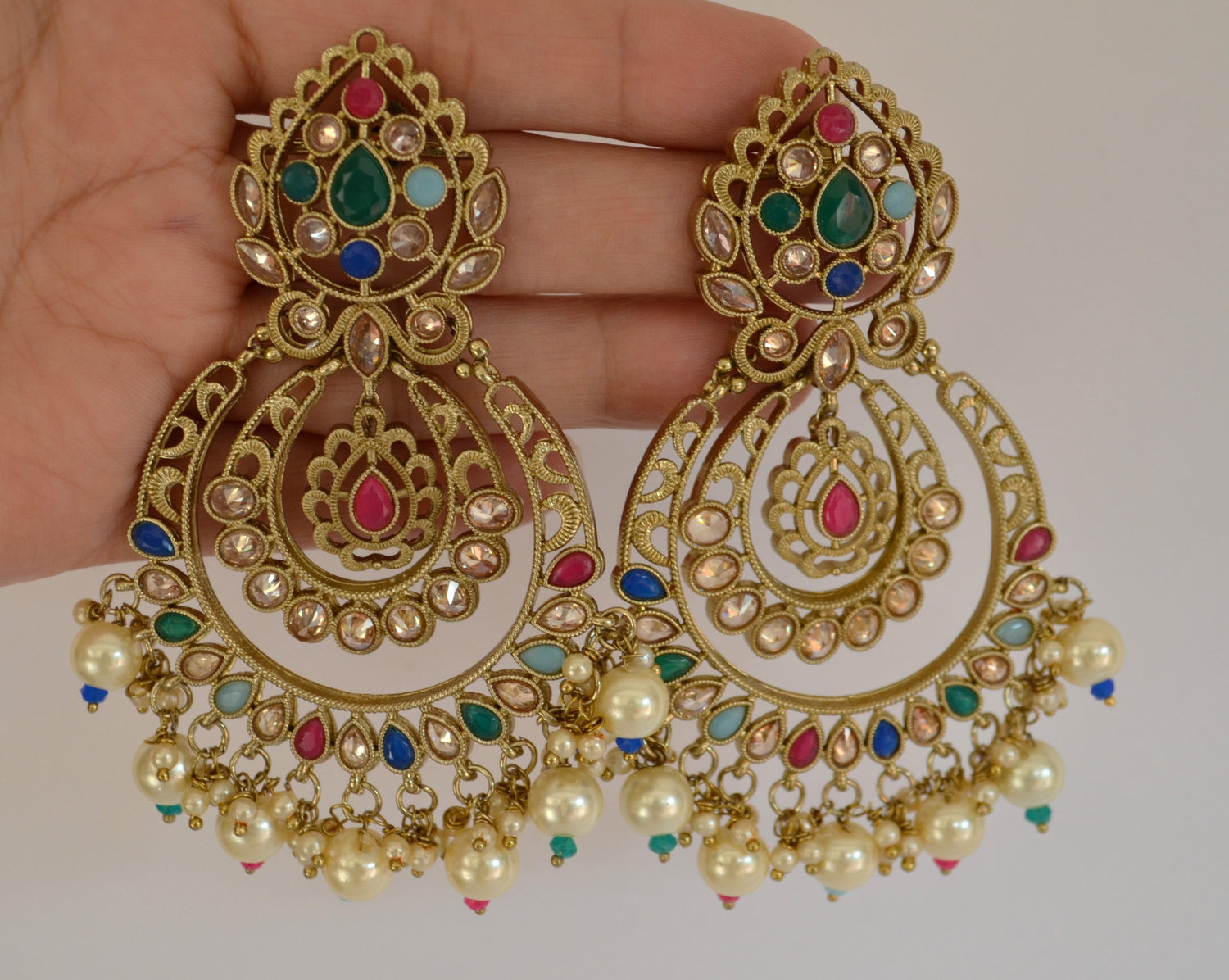 Reserve Polki Multi Color Chandbali With Pearl Tassels Earrings