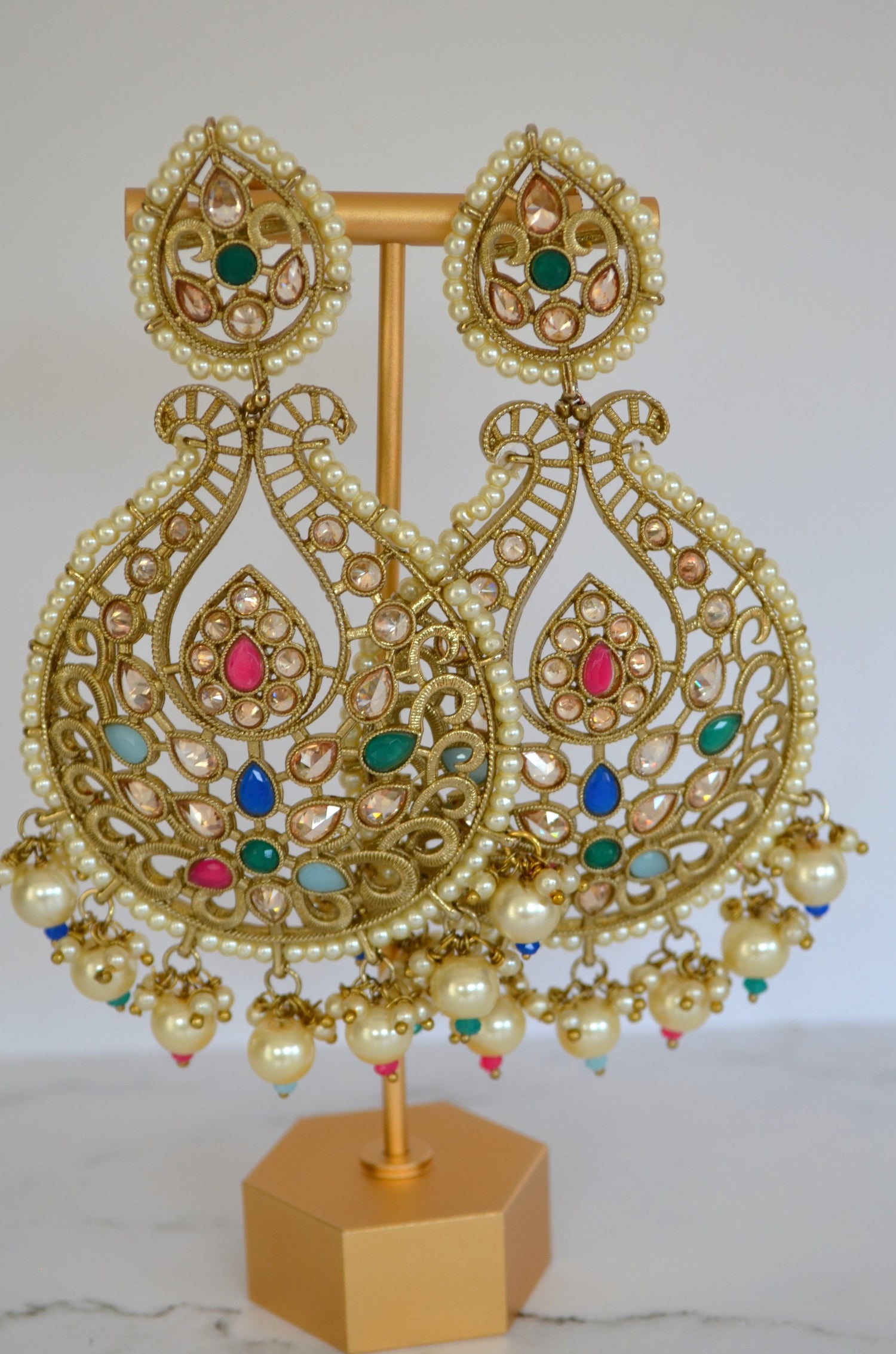 Reserve Polki Multi Color Chandbali With Pearl Tassels Earrings