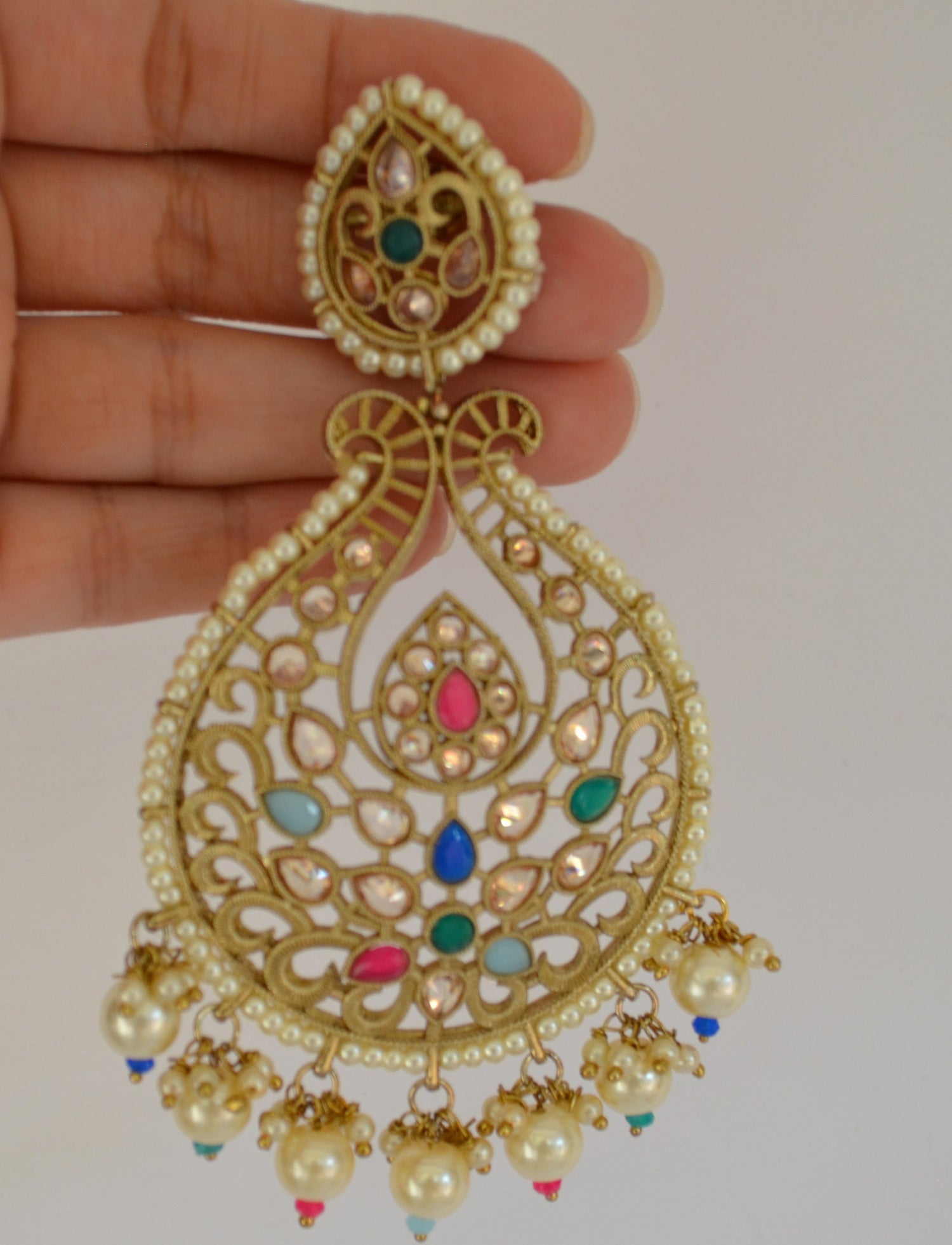 Reserve Polki Multi Color Chandbali With Pearl Tassels Earrings