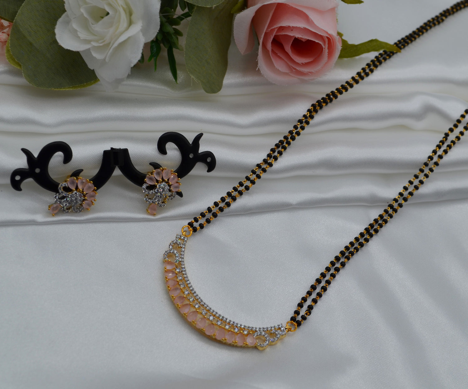 Pink Cubic Zirconia White Black Beads Mangalsutra Necklace Set Necklaces