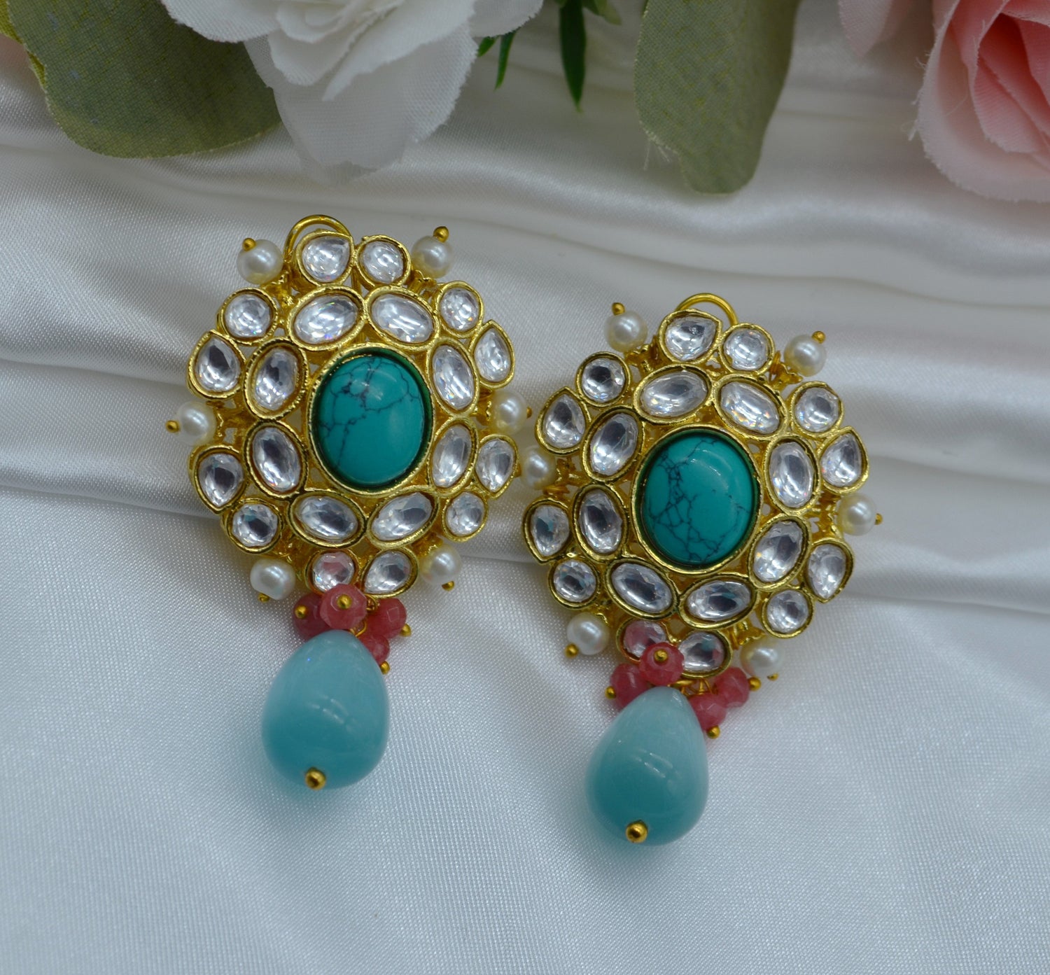 Kundan Flower With Drop Oversize Studs Earrings