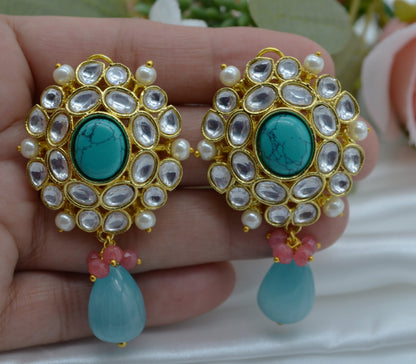 Kundan Flower With Drop Oversize Studs Earrings