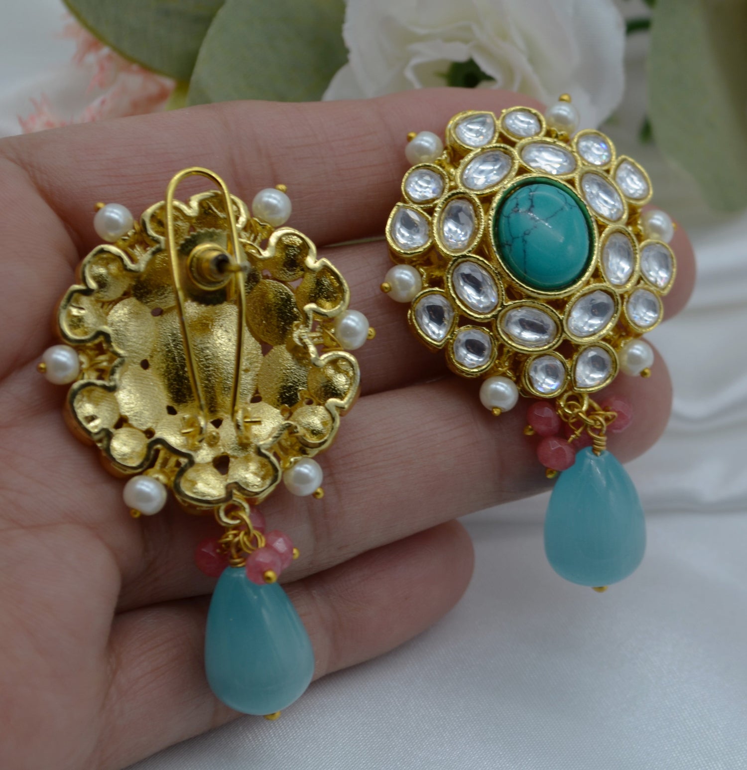 Kundan Flower With Drop Oversize Studs Earrings