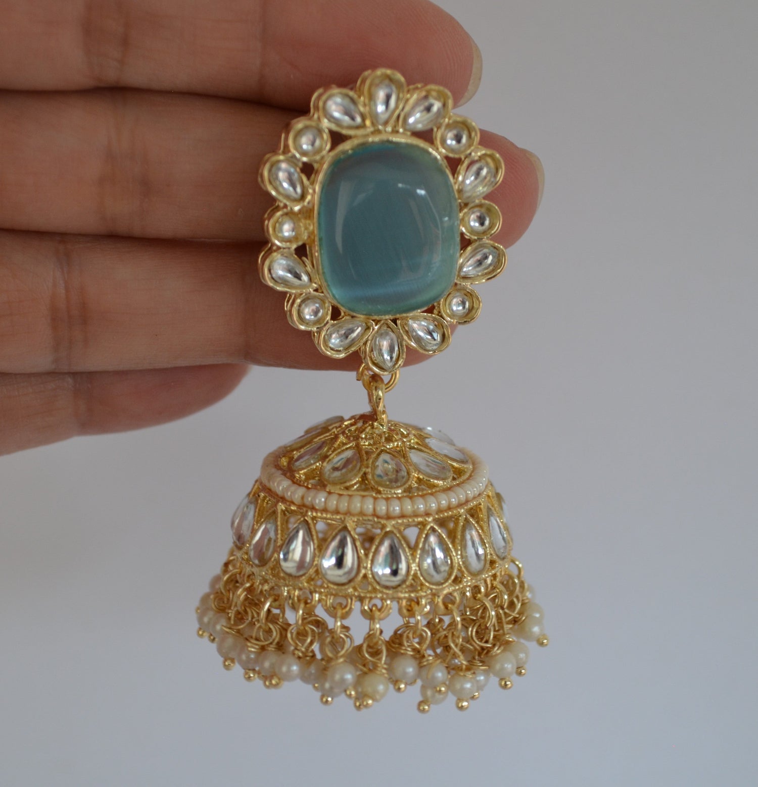 Pachi Kundan Jhumki With Pearl Tassels Earrings