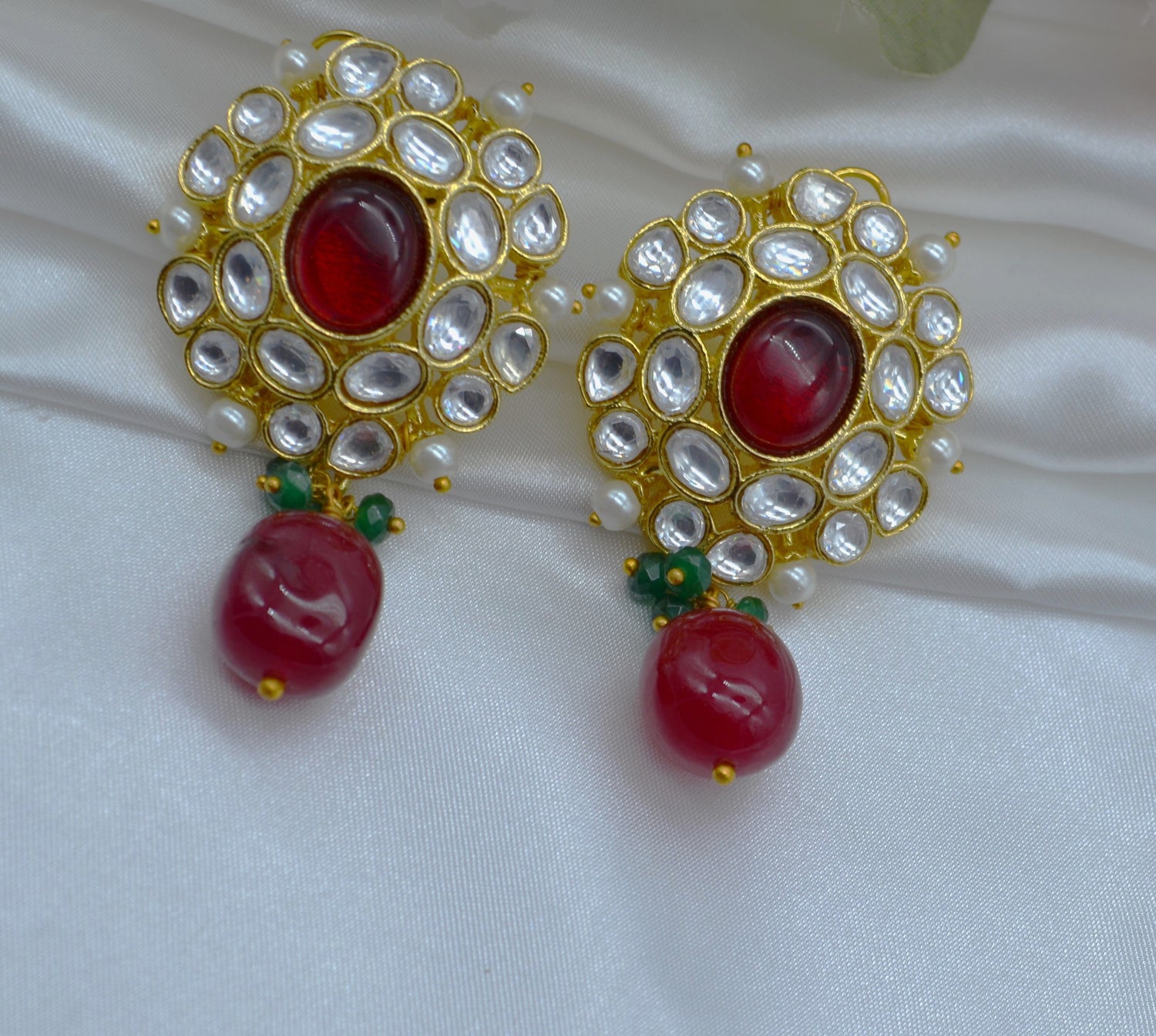 Kundan Flower With Drop Oversize Studs Earrings