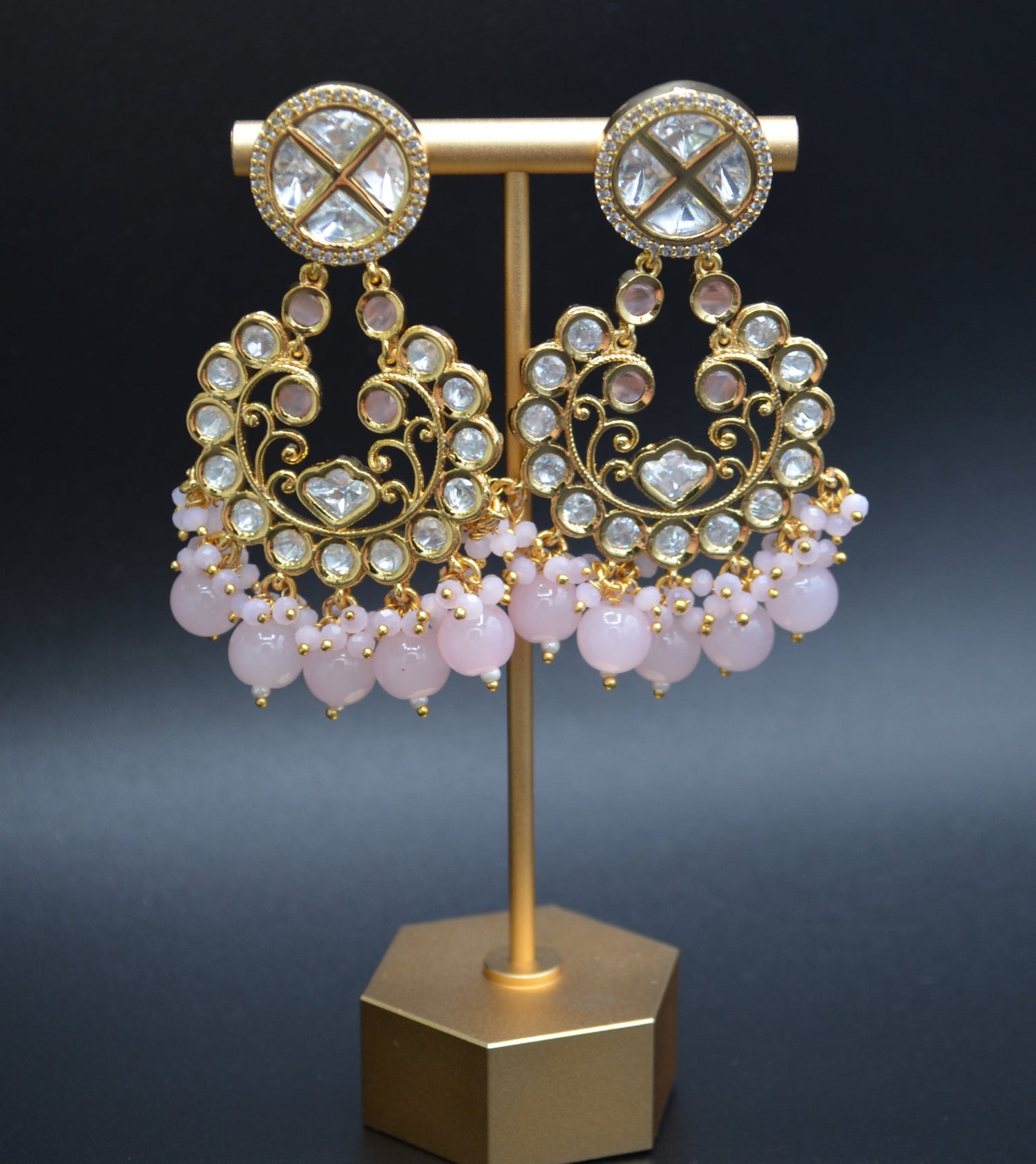 Uncut Kundan Chandbali Earrings Pink