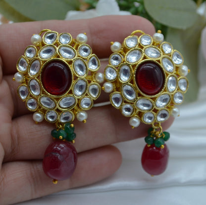 Kundan Flower With Drop Oversize Studs Earrings