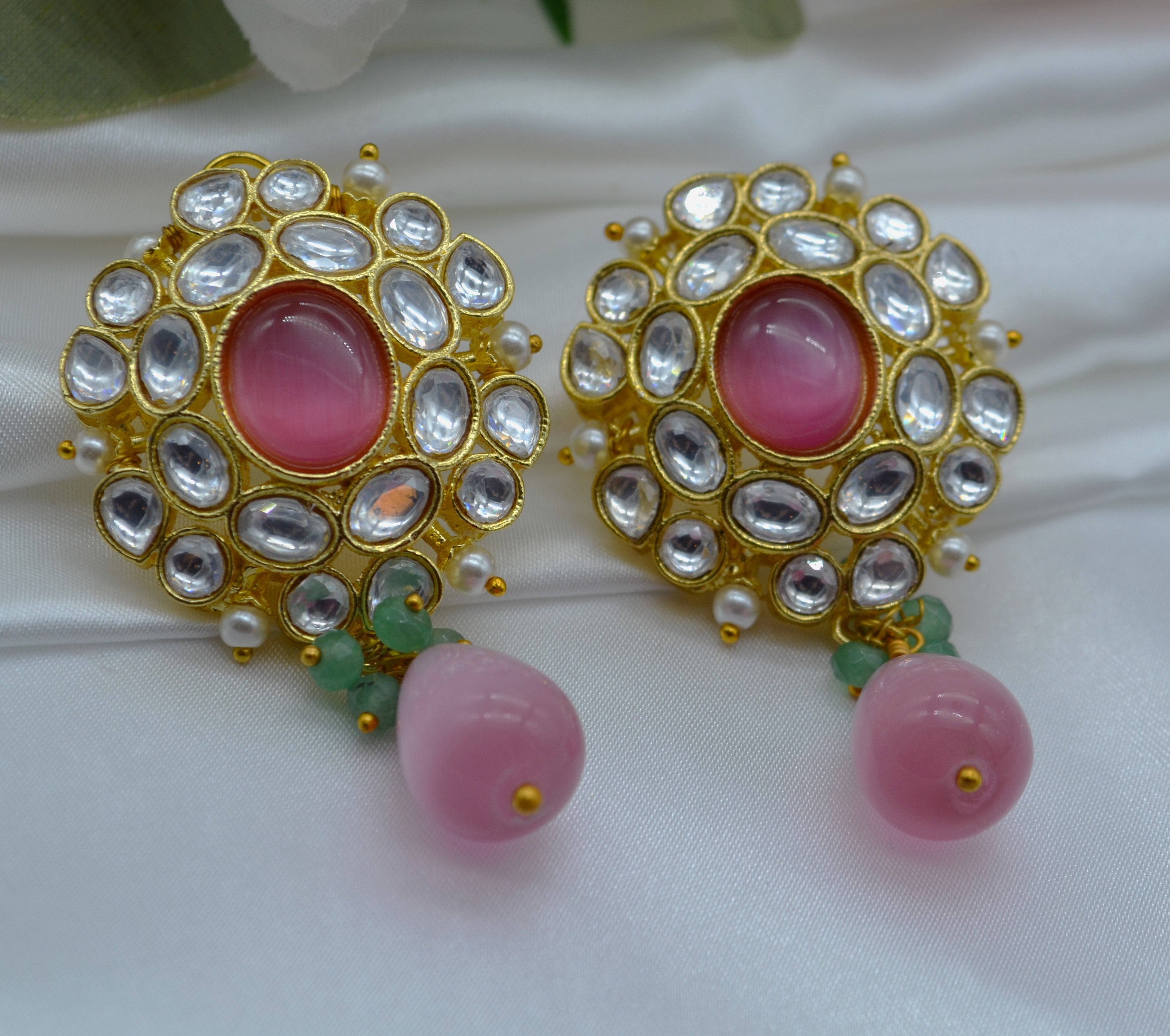 Kundan Flower With Drop Oversize Studs Earrings