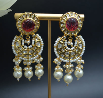 Amrapali Inspired Carved Stone Uncut Kundan Chandbali Style Earrings Cream