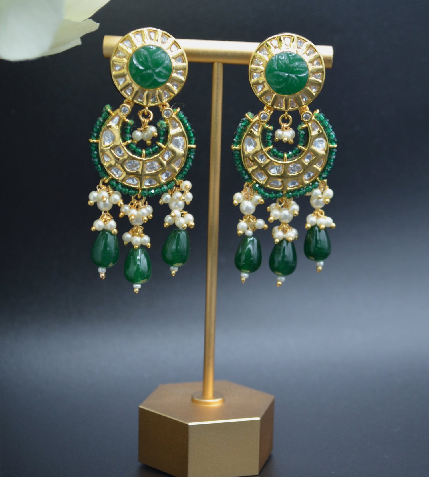 Amrapali Inspired Carved Stone Uncut Kundan Chandbali Style Earrings