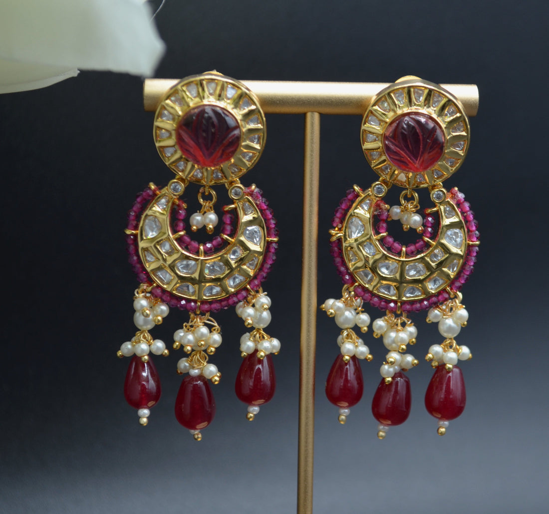 Amrapali Inspired Carved Stone Uncut Kundan Chandbali Style Earrings Maroon