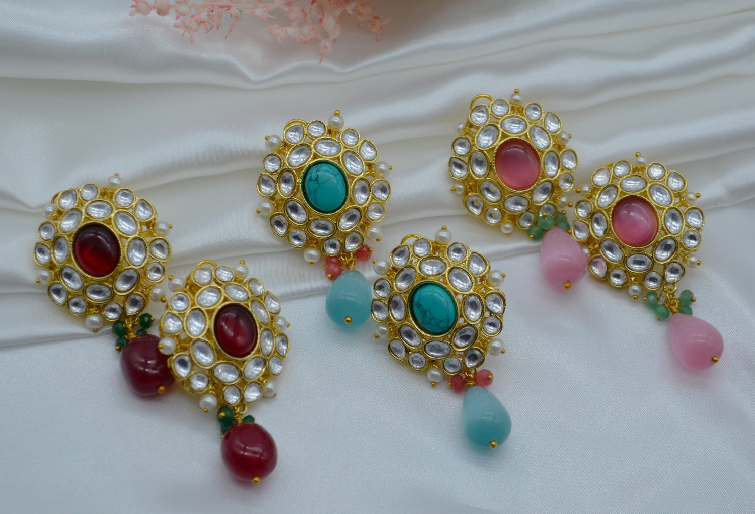 Kundan Flower With Drop Oversize Studs Earrings