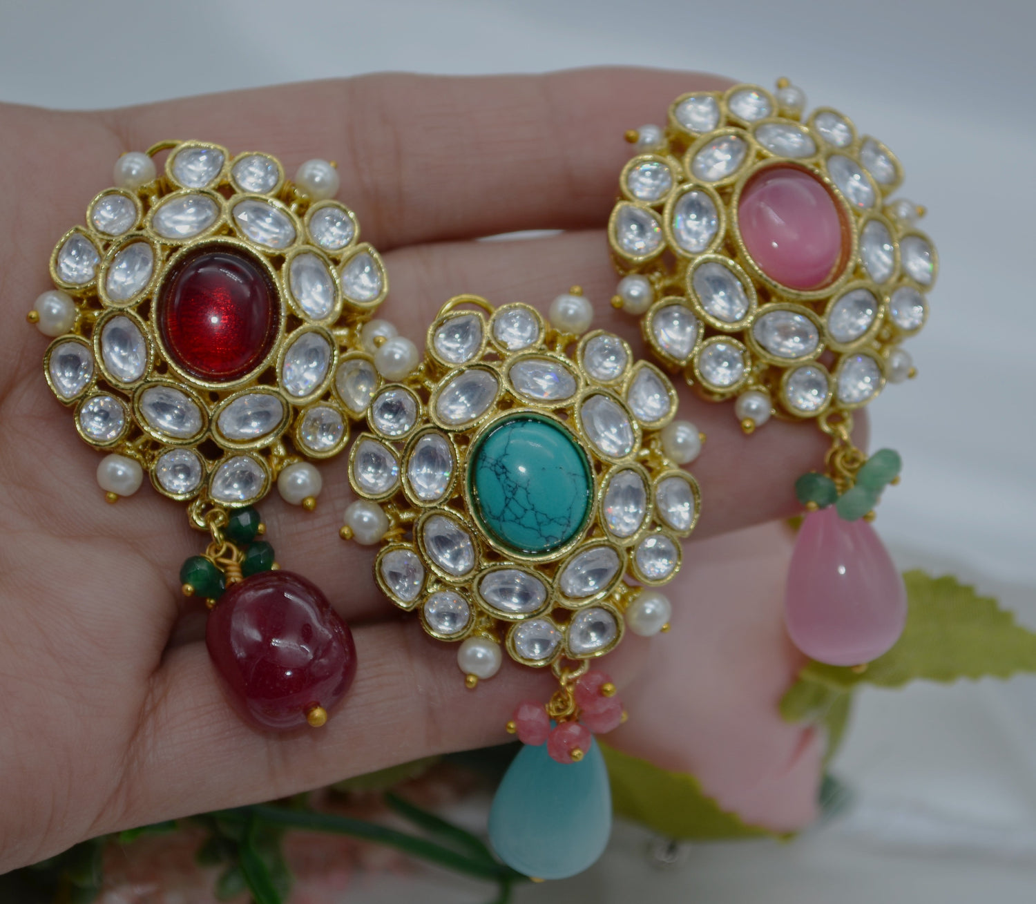 Kundan Flower With Drop Oversize Studs Earrings