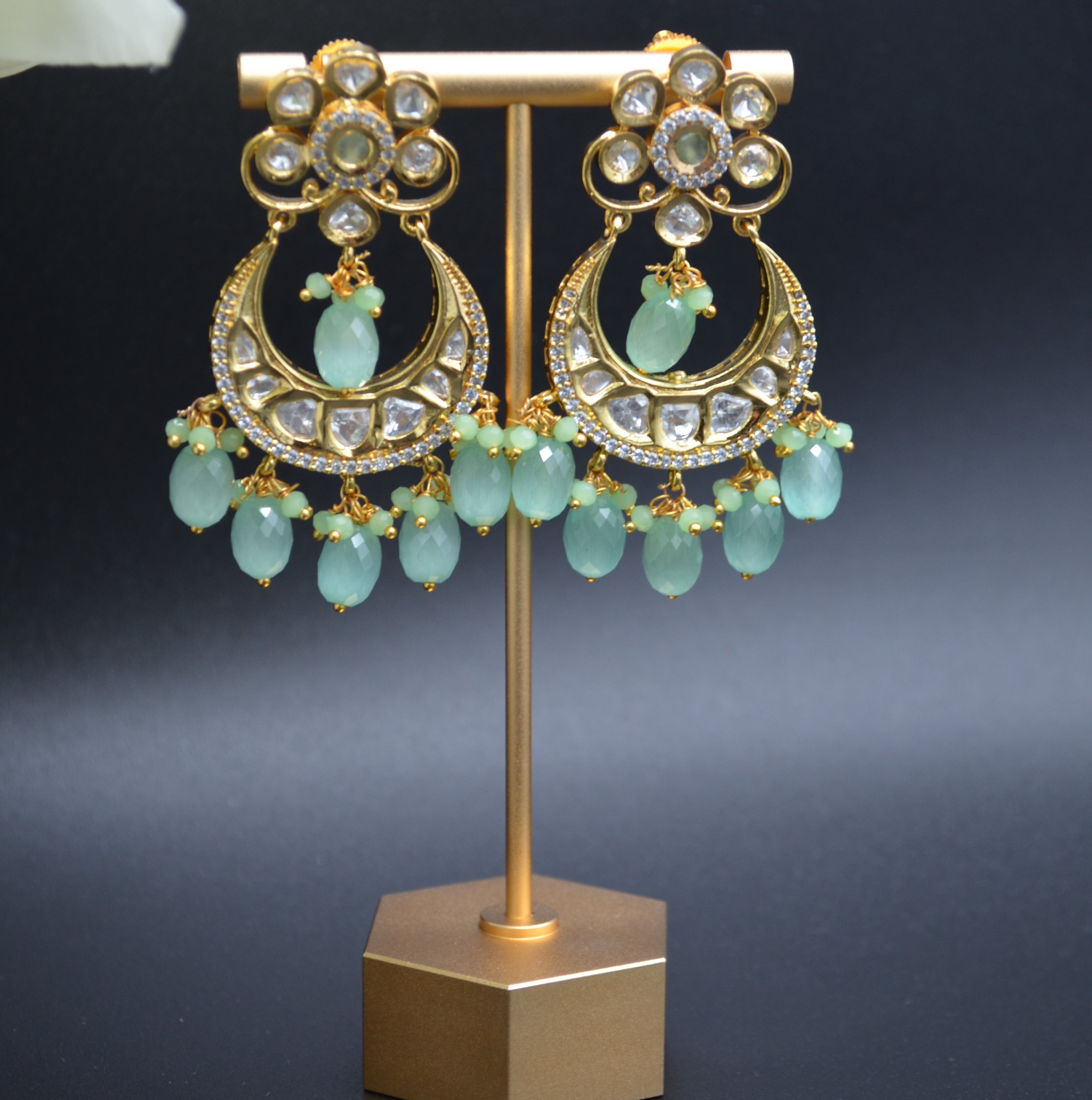 Uncut Kundan Chandbali Earrings Mint