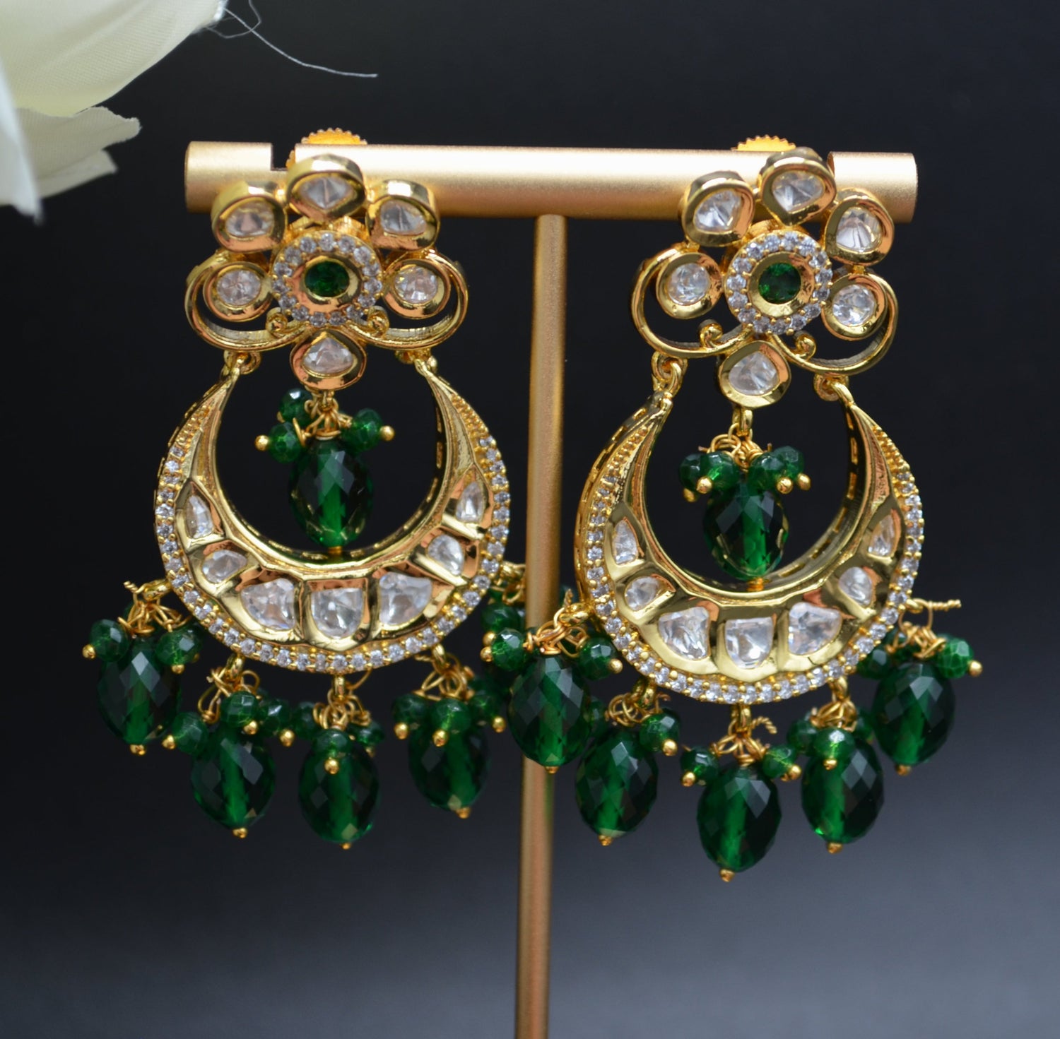 Uncut Kundan Chandbali Earrings Green